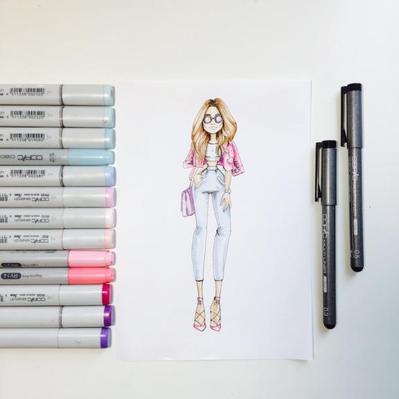 Fashion-иллюстрация маркерами статичная фигура - Вьюнова слив курса