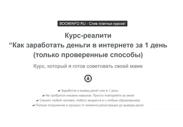 Курс-реалити «Как заработать деньги в интернете за 1 день только проверенные способы» 2019 слив