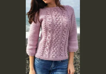 lily_knitting Свитер с косами регланом крючком 2020 слив