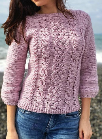 lily_knitting Свитер с косами регланом крючком 2020 слив курса