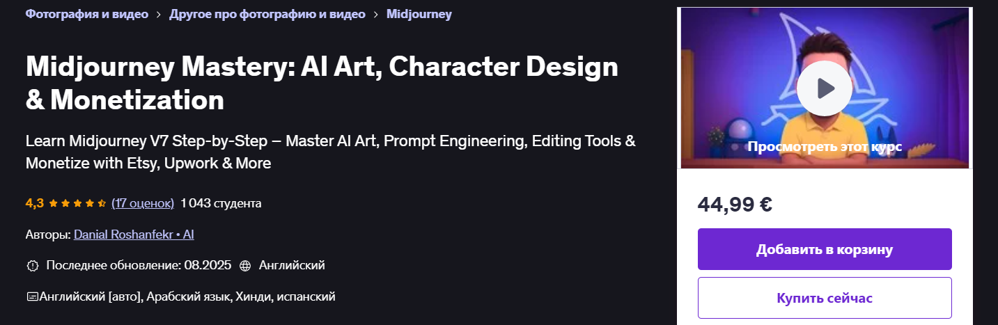 Udemy Danial Roshanfekr ― Midjourney Mastery: ИИ-арт, дизайн персонажей и монетизация 2025 слив курса
