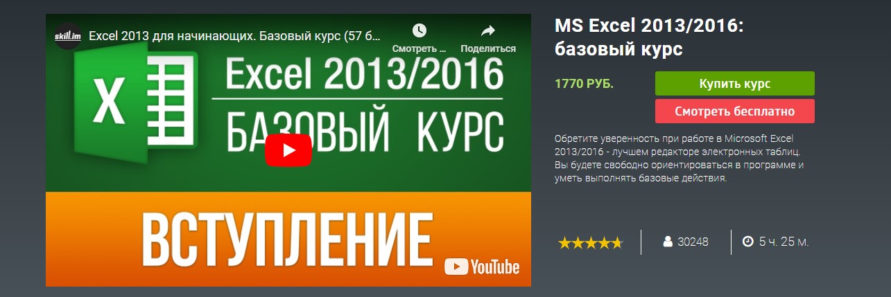 skill.im MS Excel 2013/2016: базовый курс слив курса