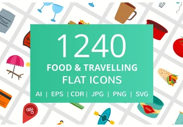 Creativemarket 1240 Food & Travelling Flat Icons слив