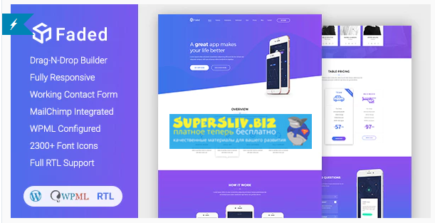 Envantomarket Faded - Responsive App Landing Page WordPress Theme + RTL слив курса